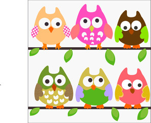 owls on branches. 6 owls vector illustration.