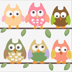 owls on branches. 6 owls vector illustration.