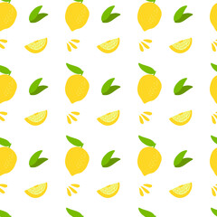 Lemons and leaves seamless pattern on white background. Digital paper with citrus lemons and half. Fresh cocktail background. Summer farmhouse digital paper.