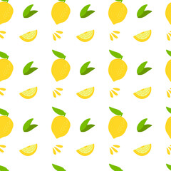 Lemons and leaves seamless pattern on white background. Digital paper with citrus lemons and half. Fresh cocktail background. Summer farmhouse digital paper.