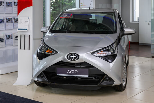 Chwaszczyno, Poland - May 14, 2022: New model of Toyota Aygo presented in the car showroom