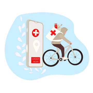 Delivery medicine from mobile application by courier on bicycle. Flat vector illustration