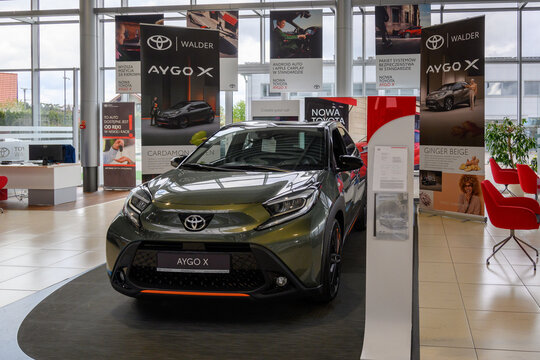 Chwaszczyno, Poland - May 14, 2022: New model of Toyota Aygo X presented in the car showroom