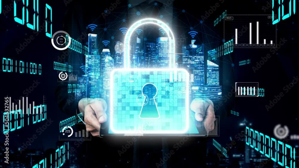 Poster cyber security encryption technology to protect data privacy conceptual . 3d render computer graphic