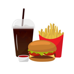 Fast food. French fries, burger with sauce  and soda. Vector illustration with white background