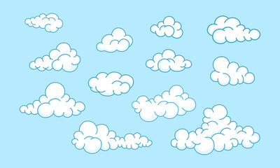 Collection cartoon clouds vector in the blue sky. Clouds in hand-drawn cartoon design
