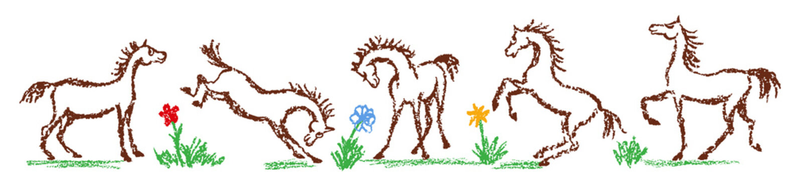 Comic funny horse set. Hand drawn crayon or pencil cartoon doodle happy character. Artistic stroke kid style. Smiling friendly pet in different poses with grass flower. Vector simple equestrian art