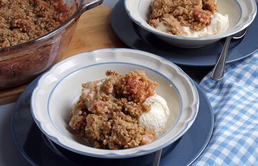 Rhubarb Crisp over vanilla ice cream.