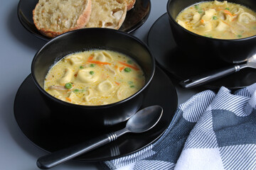 Turkey Tortellini Soup with toasted English muffins