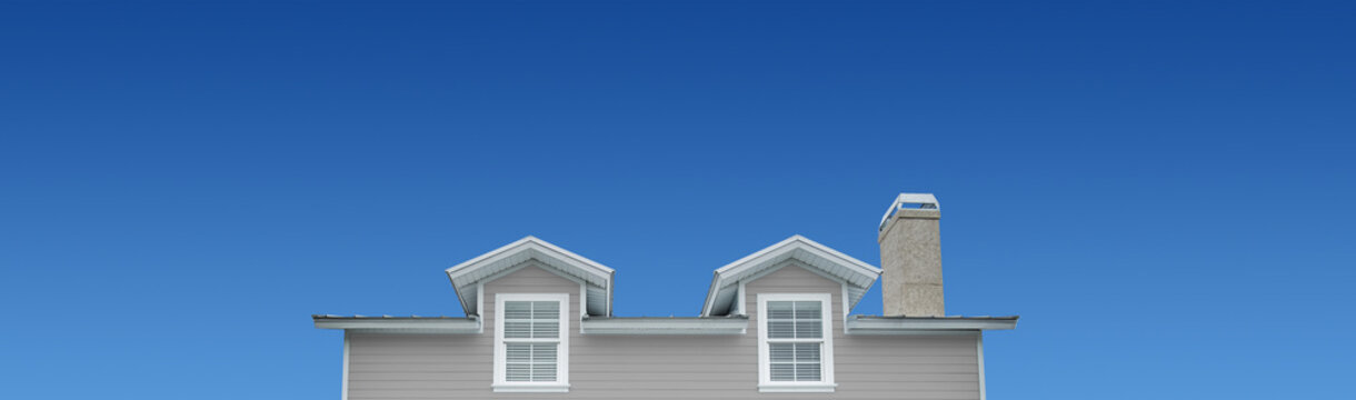 Grey House Exterior On Blue Sky Background.