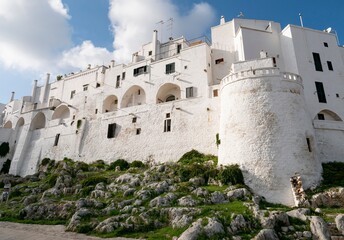 White walls of the Ostuni city and its fortification in Italy at sunset - obrazy, fototapety, plakaty
