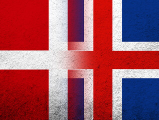 Fototapeta premium the Kingdom of Denmark National flag with National flag of Iceland. Grunge Background