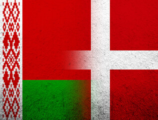 the Kingdom of Denmark National flag with Republic of Belarus National flag. Grunge Background