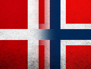 the Kingdom of Denmark National flag with The Kingdom of Norway national flag. Grunge Background