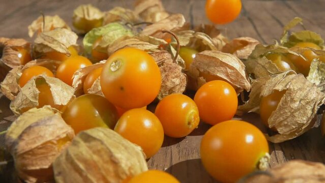 Orange ripe physalis berry are bouncing on the wooden surface of the table
