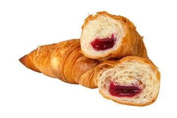 French croissant with cherry jam filling isolated on the white background