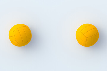Two orange volleyball balls on white background. Sports equipment. International tournament. Championship winner. Training in a sports school. Indoor, outdoor games. Top view. Copy space. 3d render