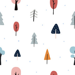 cute seamless hand drawn winter  pattern with pine on white background