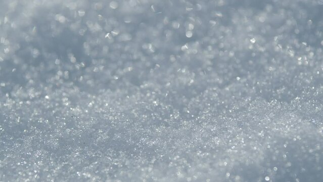 Frozen snow during frigid cold winter. Surface of fresh frosty cold snow. Pan.