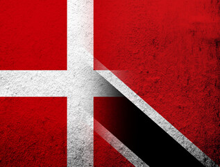the Kingdom of Denmark National flag with Trinidad and Tobago National flag. Grunge Background