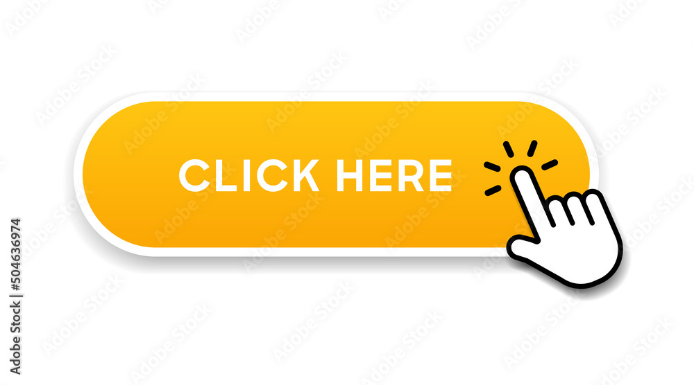 Fototapete Click here web button with hand cursor. Action button click here with arrow pointer. Click button. Modern action button mouse click symbol. Computer mouse click cursor or Hand pointer symbol.