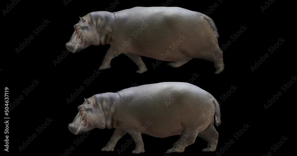 Wall mural set of hippo running is realistic animation. isolated hippopotamus video including alpha channel all