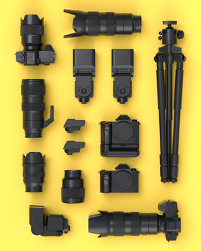 Top view of monochrome designer workspace and photography gear on yellow