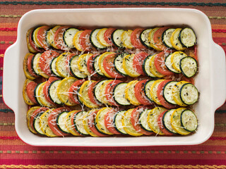 Squash Au Gratin Overhead on Red Stripes