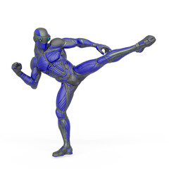 super hero in an exosuit is doing a side kick