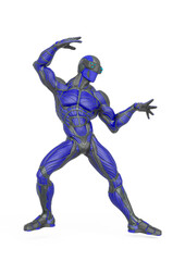 super hero is doing a dynamic fight pose in an exosuit