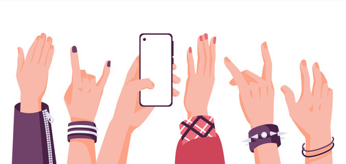 Hands of people enjoying concert or show at party, holding mobile phones, making rock  finger gestures. Flat vector illustration