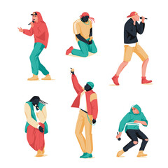 hip hop battle microphones. Set of musicians of different races, physiques on stage. Subculture. Flat vector illustration