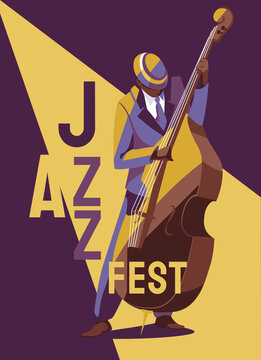 Jazz festival or flyer or poster party design template with musician with double bass, on purple background. Flat vector illustration