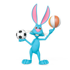 rabbit cartoon is holding a soccer ball and also a basketball