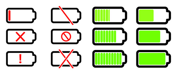 Battery icons. Phone charge level, UI design elements of battery percentage, full low and empty battery status. Vector isolated set phone power from low to full charging