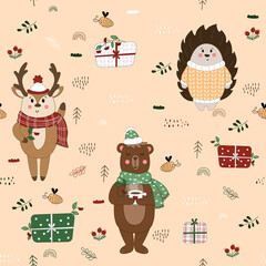 Seamless pattern with cute woodland animals, set with forest animals, vector bear, deer, hedgehog, animals in the forest