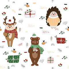 Seamless pattern with cute woodland animals, set with forest animals, vector bear, deer, hedgehog, animals in the forest