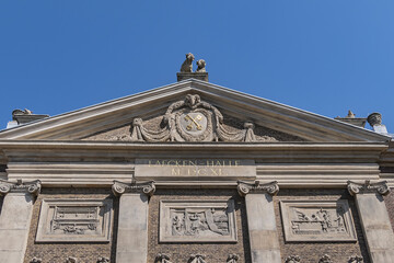 Architectural details of monumental 'Laecken-Halle' building. 'Laecken-Halle' erected in 1640 as cloth hall (lakenhal in Dutch), guild hall for cloth merchants. Leiden, South Holland, the Netherlands.