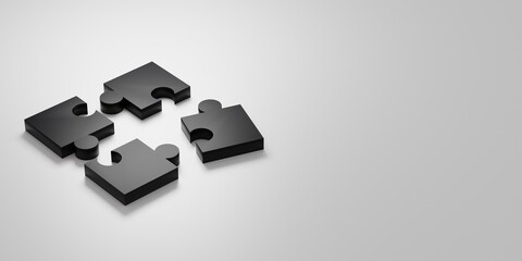 Four black puzzles on the surface. Banner size. gray background.