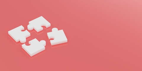 Four white puzzles on the surface. Banner size. Pink background.