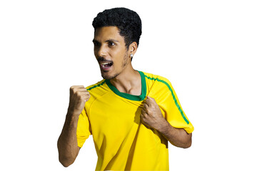 Male athlete or fan in yellow uniform celebrating isolated