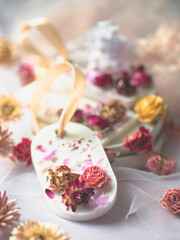 Beautiful fragrant wax with flowers. Natural handmade air freshener. Scented sachet. Flavored soy wax and essential oils.