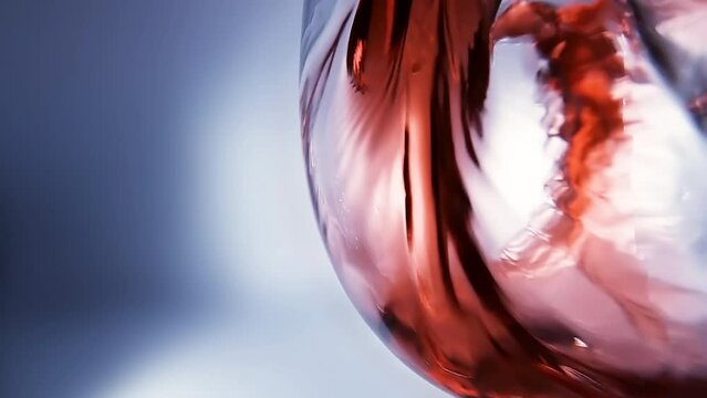 Creative macro slow motion 4k video of red wine pouring into a glass. Glass with pouring red wine close-up.  Filmed on high speed cinema camera.