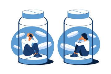 Concept of antidepressants. Depressed woman or man is sitting trapped in a pill bottle. Medicine. Addiction. Flat. Vector illustration. - obrazy, fototapety, plakaty
