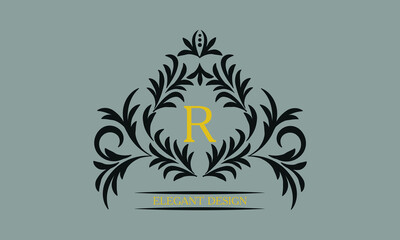 Floral monogram for postcards, invitations, menus, labels with the letter R. Graphic design of pages, business sign, boutiques, cafes, hotels. Classic design elements for wedding invitations.