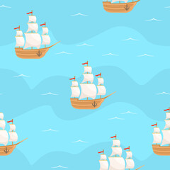 Ship with white sails in blue sea seamless pattern. Marine vector background. Cartoon flat illustration.