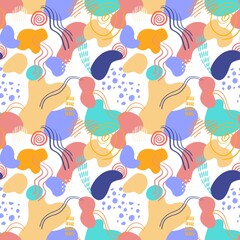 Abstract seamless pattern with colored spots in Scandinavian style, lines, stripes, dots, spirals, abstract figures. Spotted milti co ored pattern for fabrics, gift packaging design.