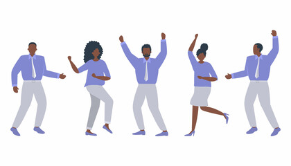 Office workers are celebrating the victory. Happy employees are dancing and jumping. Black business people. Vector illustration