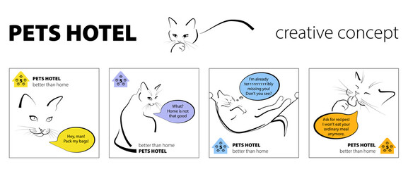 Pets Hotel creative concept, illustrations of cats, ready for instagram post, vector