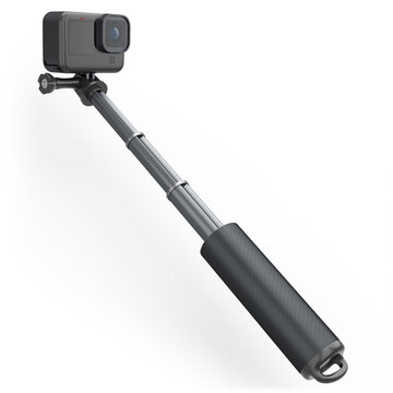 Photo and video lightweight black action camera with selfie stick on white